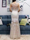 Trumpet/Mermaid V-neck Tulle Floor-length Appliques Lace Prom Dresses #UKM020104560