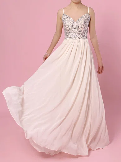 A-line V-neck Chiffon Floor-length Beading Prom Dresses #UKM020104564