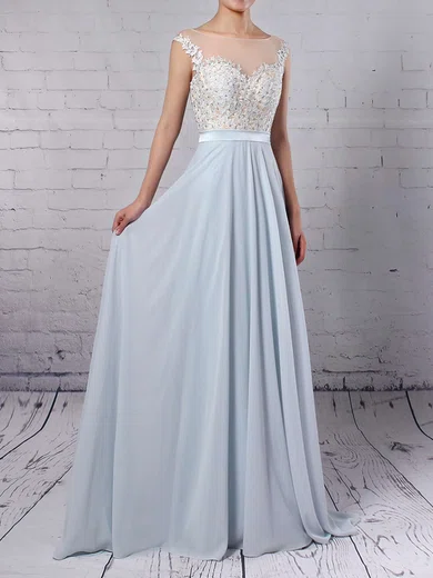 A-line Scoop Neck Chiffon Sweep Train Beading Prom Dresses #UKM020104565