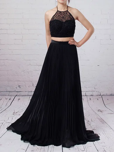 A-line Halter Chiffon Sweep Train Beading Prom Dresses #UKM020104568