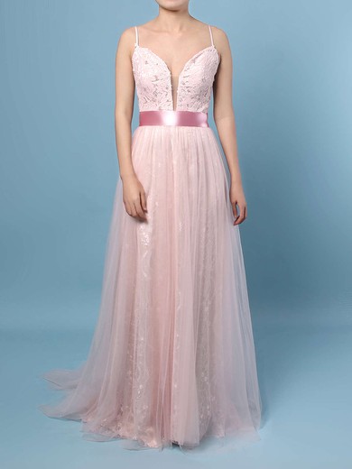 A-line V-neck Lace Tulle Sweep Train Sashes / Ribbons Prom Dresses #UKM020104569