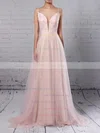 A-line V-neck Lace Tulle Sweep Train Sashes / Ribbons Prom Dresses #UKM020104569