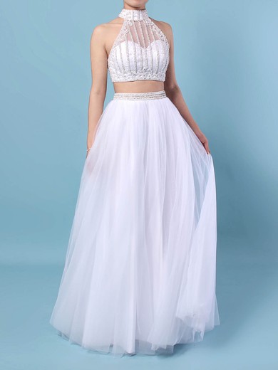 A-line High Neck Tulle Floor-length Beading Prom Dresses #UKM020104571