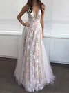 A-line V-neck Lace Tulle Floor-length Prom Dresses #UKM020104576