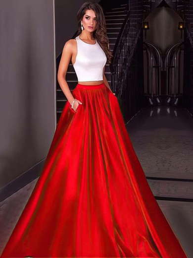 Ball Gown Halter Satin Floor-length Pockets Prom Dresses #UKM020104589