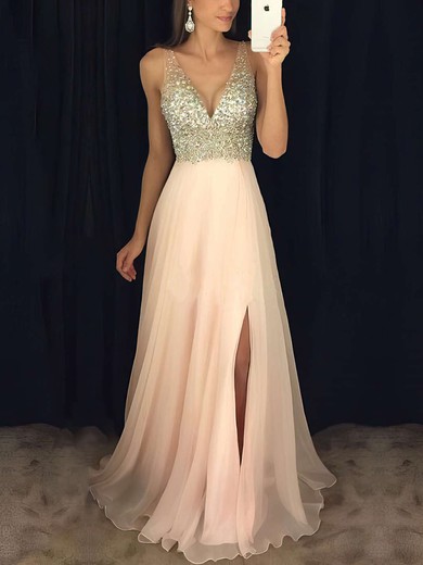 A-line V-neck Chiffon Floor-length Beading Prom Dresses #UKM020104583