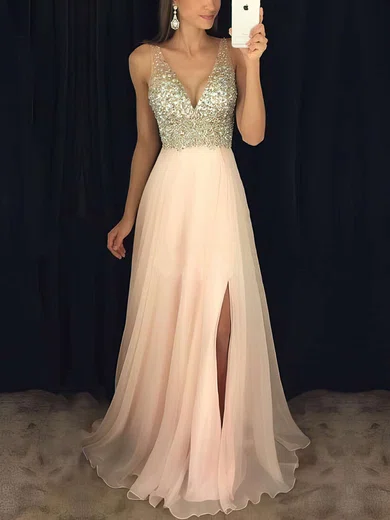 A-line V-neck Floor-length Backless Chiffon Prom Dresses With Beading #UKM020104583