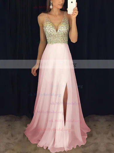 Chiffon Beading Pink V Neck A Line Prom Dress With Slit Chiffon Beading Pink V Neck A Line Prom Dress With Slit