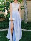 A-line Scoop Neck Chiffon Floor-length Appliques Lace Prom Dresses #UKM020104582