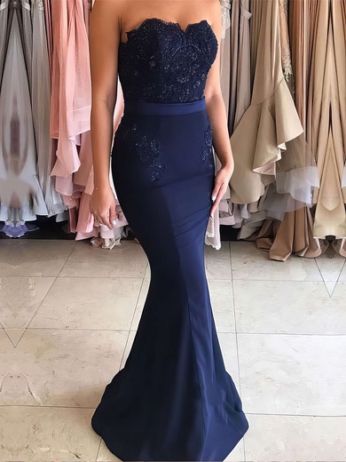 Mermaid Strapless Stretch Crepe Prom Dresses With Appliques #UKM020104580