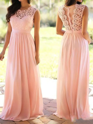 A-line Floor-length Scoop Neck Lace Chiffon Sashes / Ribbons Prom Dresses #UKM020104579