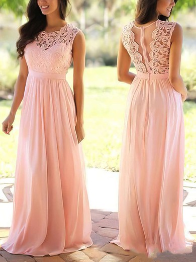 A-line Floor-length Scoop Neck Lace Chiffon Sashes / Ribbons Prom Dresses #UKM020104579