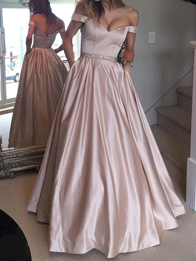 Ball Gown Off-the-shoulder Satin Prom Dresses With Beading #UKM020104578