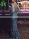 Trumpet/Mermaid V-neck Lace Floor-length Appliques Lace Prom Dresses #UKM020104614