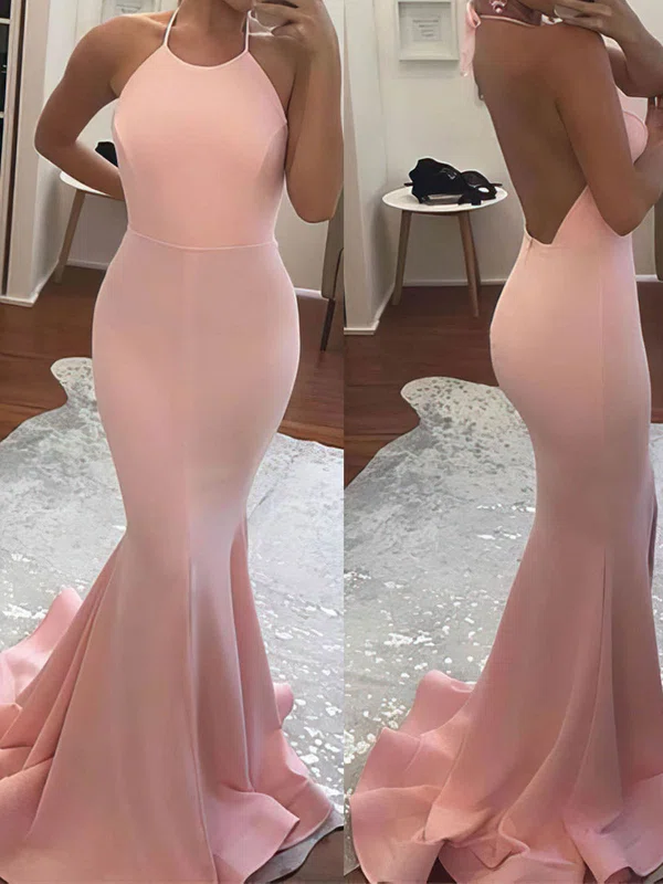 Trumpet/Mermaid Sweep Train Halter Jersey Prom Dresses #UKM020104609