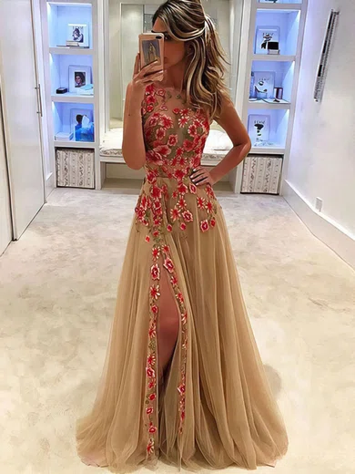 Ball Gown/Princess Floor-length Scoop Neck Tulle Flower(s) Prom Dresses #UKM020104607