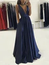 A-line Floor-length V-neck Satin Pockets Prom Dresses #UKM020104605