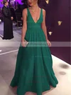 Ball Gown V-neck Silk-like Satin Floor-length Bow Prom Dresses #UKM020104603
