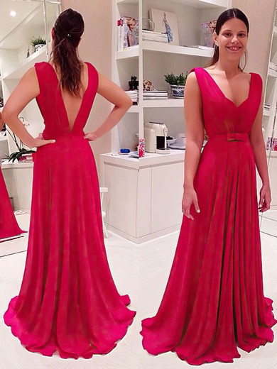 A-line V-neck Chiffon Floor-length Ruffles Prom Dresses #UKM020104598