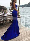 Trumpet/Mermaid V Neck Stretch Crepe Sweep Train Prom Dresses #UKM020104835