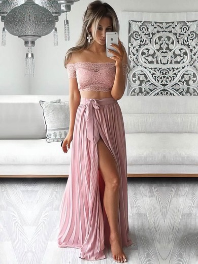 A-line Off-the-shoulder Chiffon Floor-length Sashes / Ribbons Prom Dresses #UKM020104851