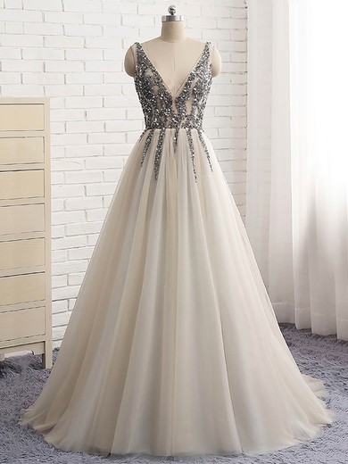 Princess V-neck Tulle Floor-length Beading Prom Dresses #UKM020104855
