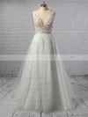 Princess V-neck Tulle Floor-length Beading Prom Dresses #UKM020104855