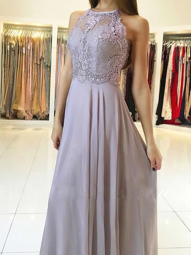 A-line Illusion Chiffon Cut Out Prom Dresses With Appliques #UKM020104856