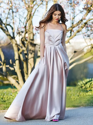 A-line Halter Silk-like Satin Sweep Train Prom Dresses | MillyBridal