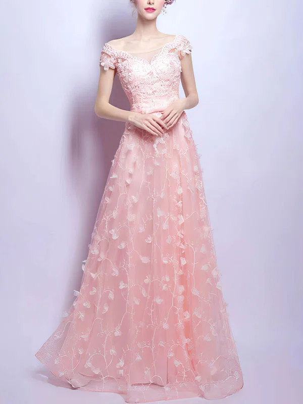 A-line Off-the-shoulder Tulle Floor-length Appliques Lace Prom Dresses #UKM020104867