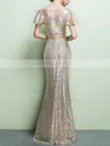 Sheath/Column V-neck Sequined Floor-length Ruffles Prom Dresses #UKM020104869