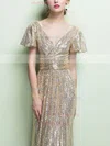 Sheath/Column V-neck Sequined Floor-length Ruffles Prom Dresses #UKM020104869