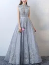 Princess High Neck Lace Tulle Floor-length Appliques Lace Prom Dresses #UKM020104870