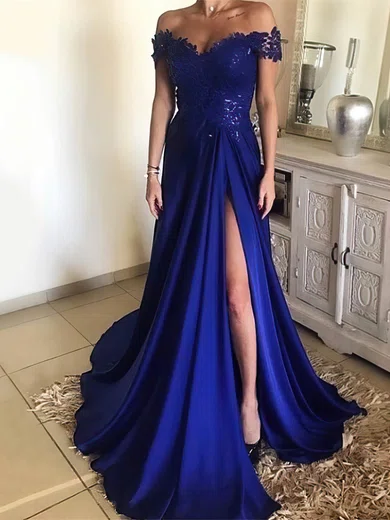A-line Off-the-shoulder Satin Prom Dresses With Appliques #UKM020104879
