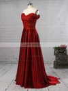 A-line Off-the-shoulder Silk-like Satin Sweep Train Appliques Lace Prom Dresses #UKM020104879