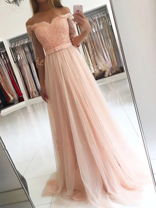 A-line Off-the-shoulder Tulle Floor-length Prom Dresses With Appliques Lace #UKM020104905