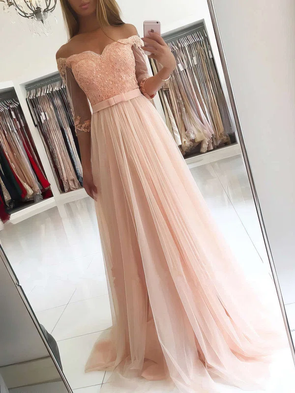 A-line Off-the-shoulder Tulle Floor-length Appliques Lace Prom Dresses #UKM020104905