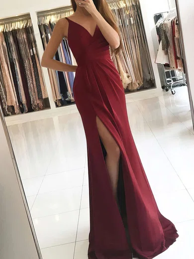 Sheath/Column V-neck Satin Prom Dresses With Ruched #UKM020104919