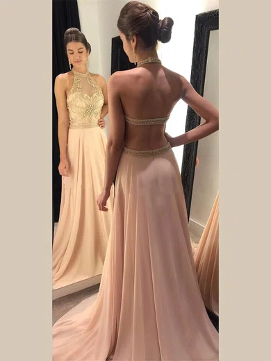 A-line Halter Chiffon Sweep Train Beading Prom Dresses #UKM020104938