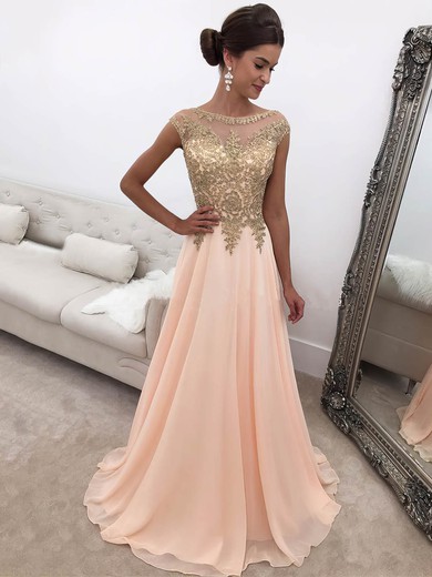Princess Scoop Neck Chiffon Sweep Train Appliques Lace Prom Dresses #UKM020104946