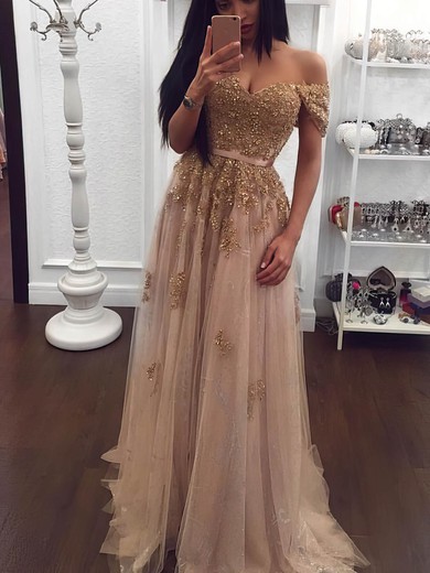 A-line Off-the-shoulder Tulle Floor-length Appliques Lace Prom Dresses #UKM020104947