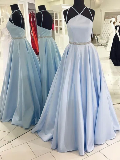 Ball Gown Halter Satin Prom Dresses With Beading #UKM020104951