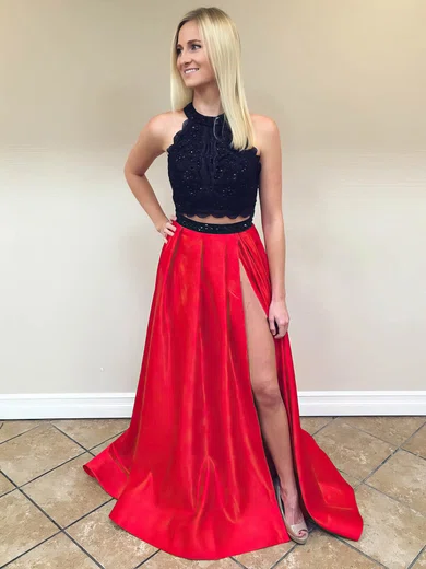 A-line Halter Satin Sweep Train Appliques Lace Prom Dresses #UKM020104957