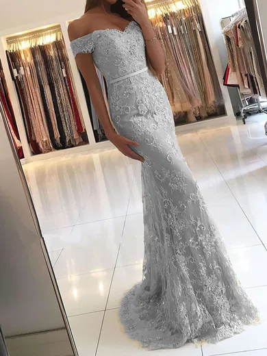 Mermaid Off-the-shoulder Lace Prom Dresses With Appliques #UKM020104963