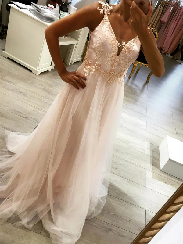 Princess V-neck Tulle Sweep Train Appliques Lace Prom Dresses #UKM020104965