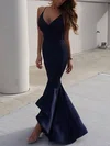 Trumpet/Mermaid V-neck Silk-like Satin Sweep Train Ruffles Prom Dresses #UKM020104812