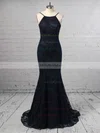 Sheath/Column Scoop Neck Lace Sweep Train Prom Dresses #UKM020104813