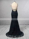 Sheath/Column Scoop Neck Lace Sweep Train Prom Dresses #UKM020104813