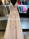 Princess V-neck Lace Tulle Floor-length Crystal Detailing Prom Dresses #UKM020104814