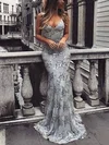 Trumpet/Mermaid Sweep Train V-neck Tulle Sequins Prom Dresses #UKM020104817